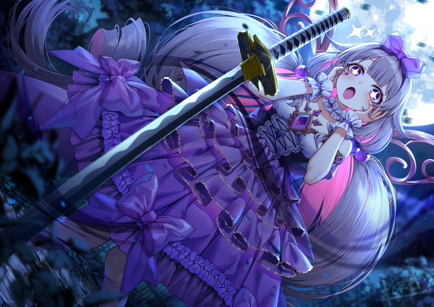 blush, bow, choker, curry_bowl, devil_may_cry, dress, gray_hair, hololive