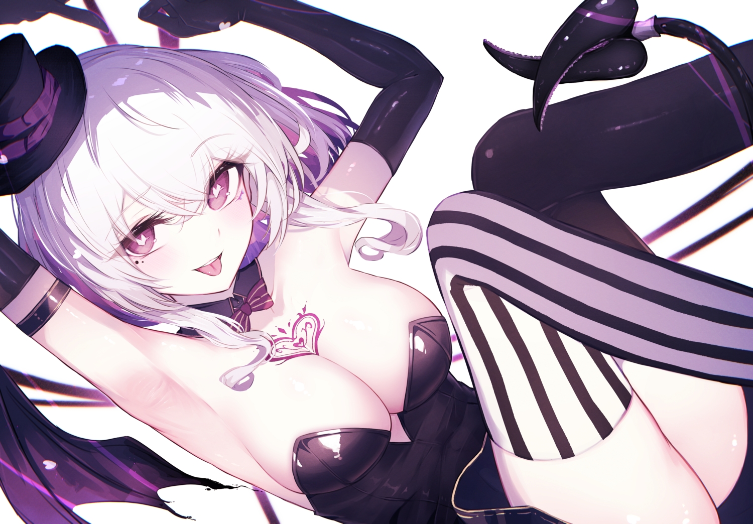 blush, bow, breasts, cleavage, demon, dress, elbow_gloves, gloves