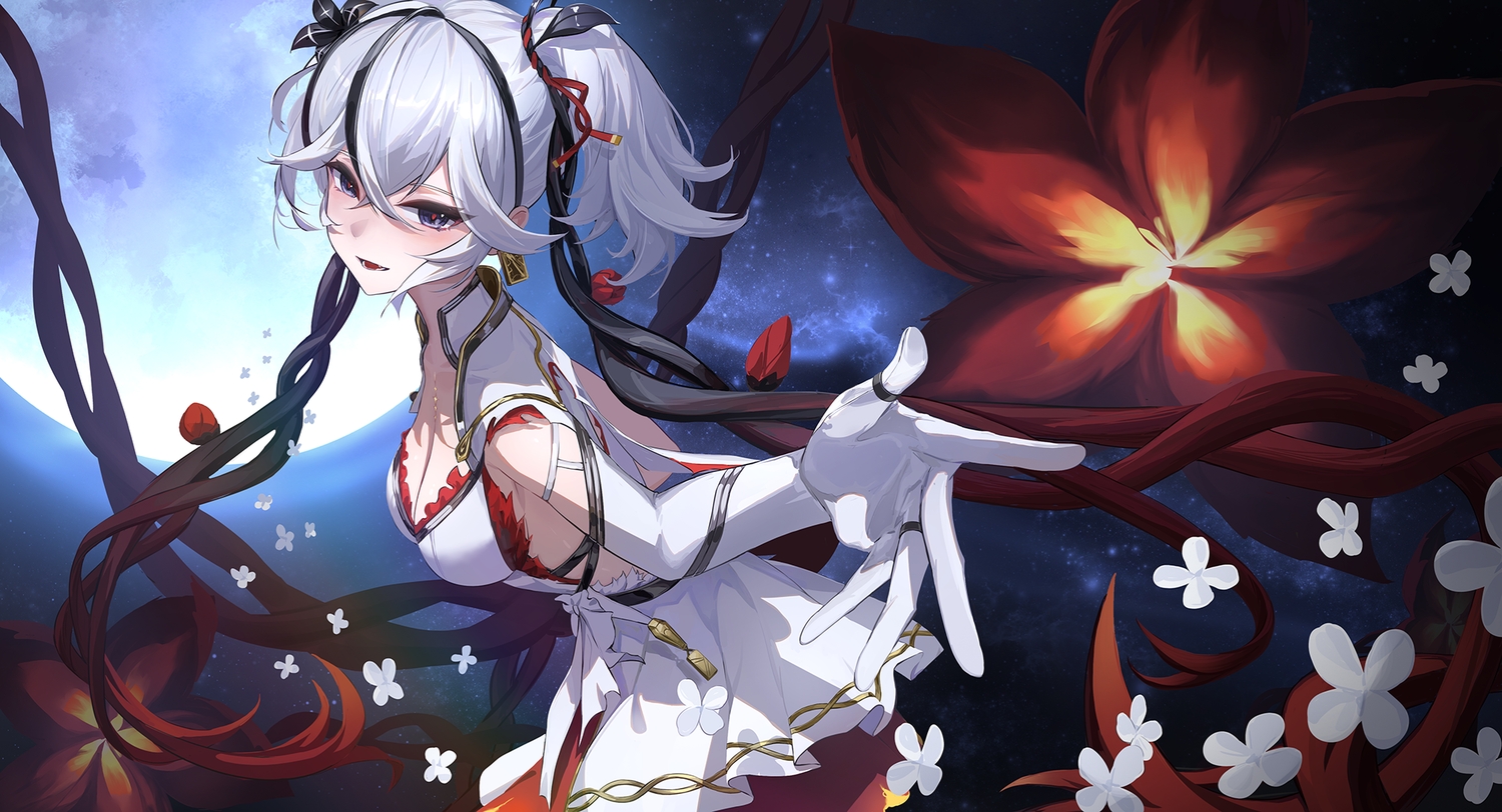 black_eyes, breasts, camellya_(wuthering_waves), cleavage, dress, elbow_gloves, fang, flowers, gloves, gray_hair, moon, nick_laojiao, night, short_hair, sky, twintails, wuthering_waves