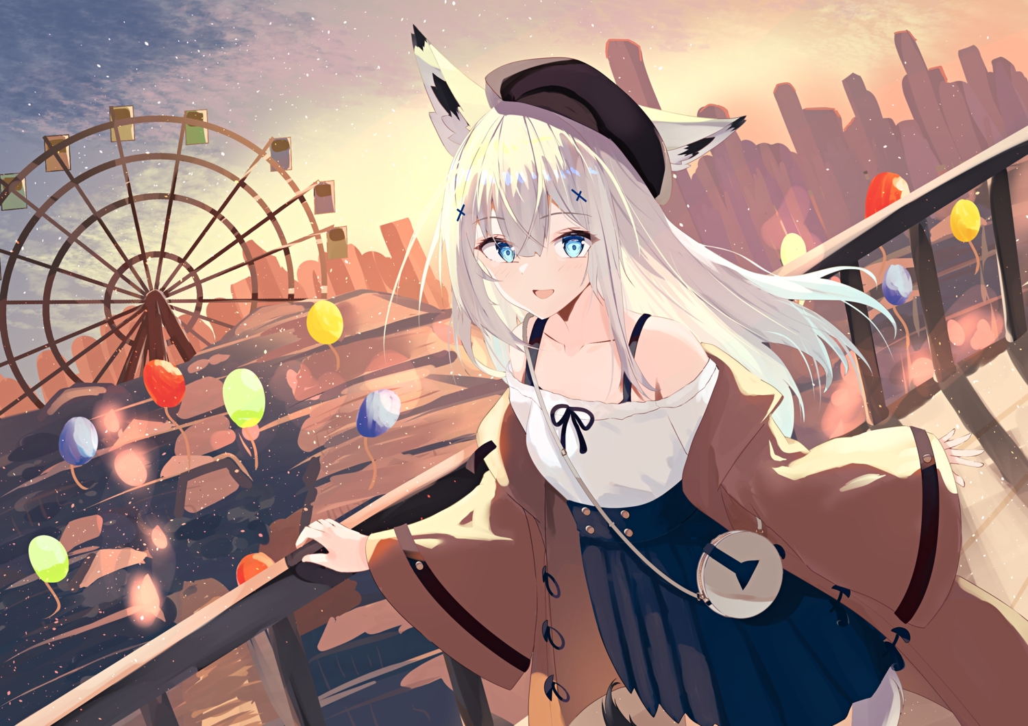 aliasing, animal_ears, anthropomorphism, azur_lane, blue_eyes, blush, clouds, foxgirl, hat, kawakaze_(azur_lane), long_hair, natsuki_(natsu_1936), shirt, skirt, sky, sunset, tail