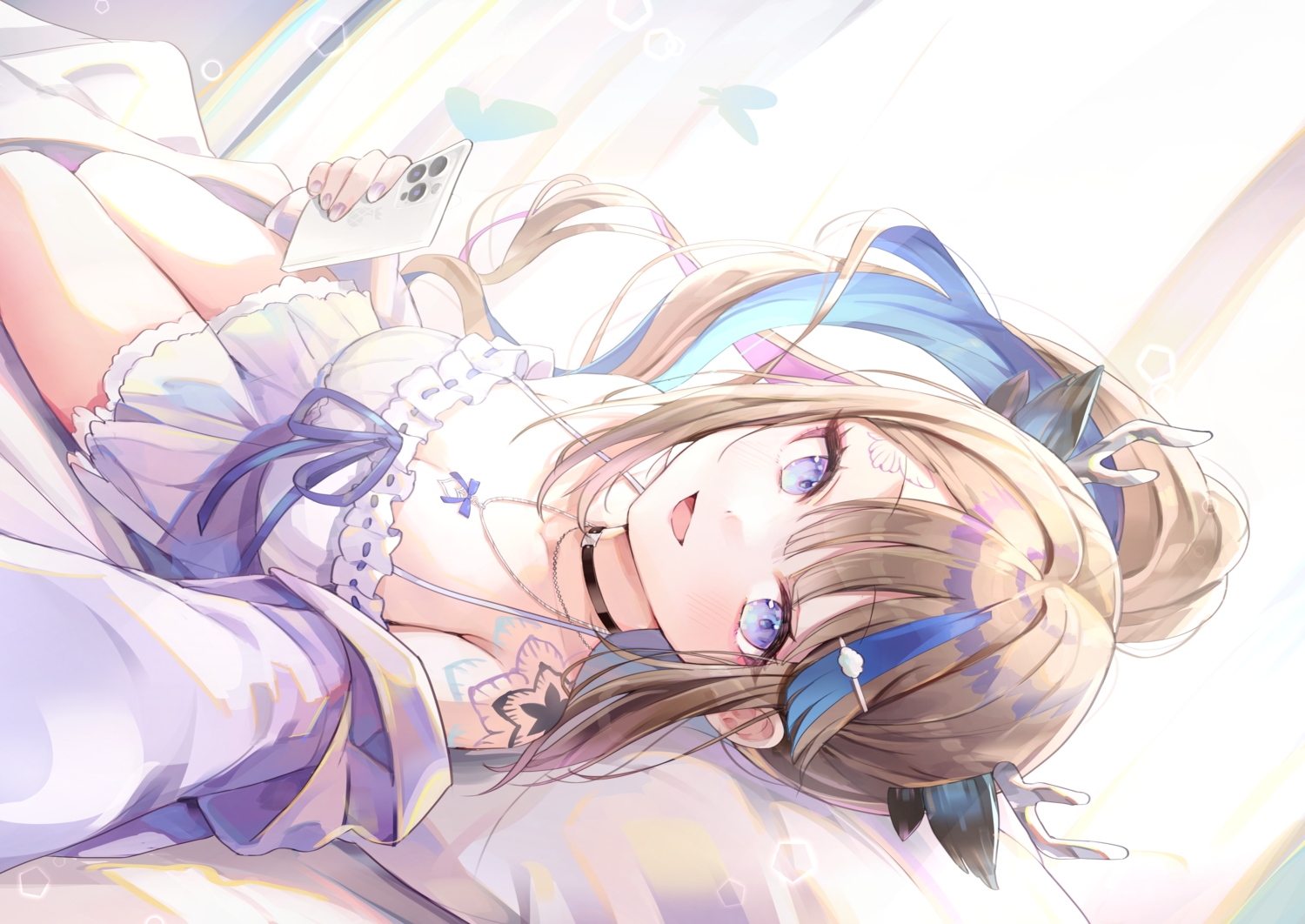 airi_kanna, animal_ears, bed, blush, bow, breasts, brown_hair, butterfly