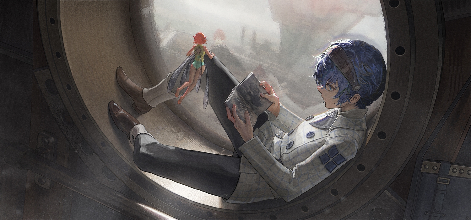 ass, barefoot, blue_eyes, blue_hair, book, fairy, gallica_(metaphor:_refantazio), headband, johnblack, leotard, male, metaphor:_refantazio, orange_hair, pointed_ears, protagonist_(metaphor:_refantazio), reflection, short_hair, wings
