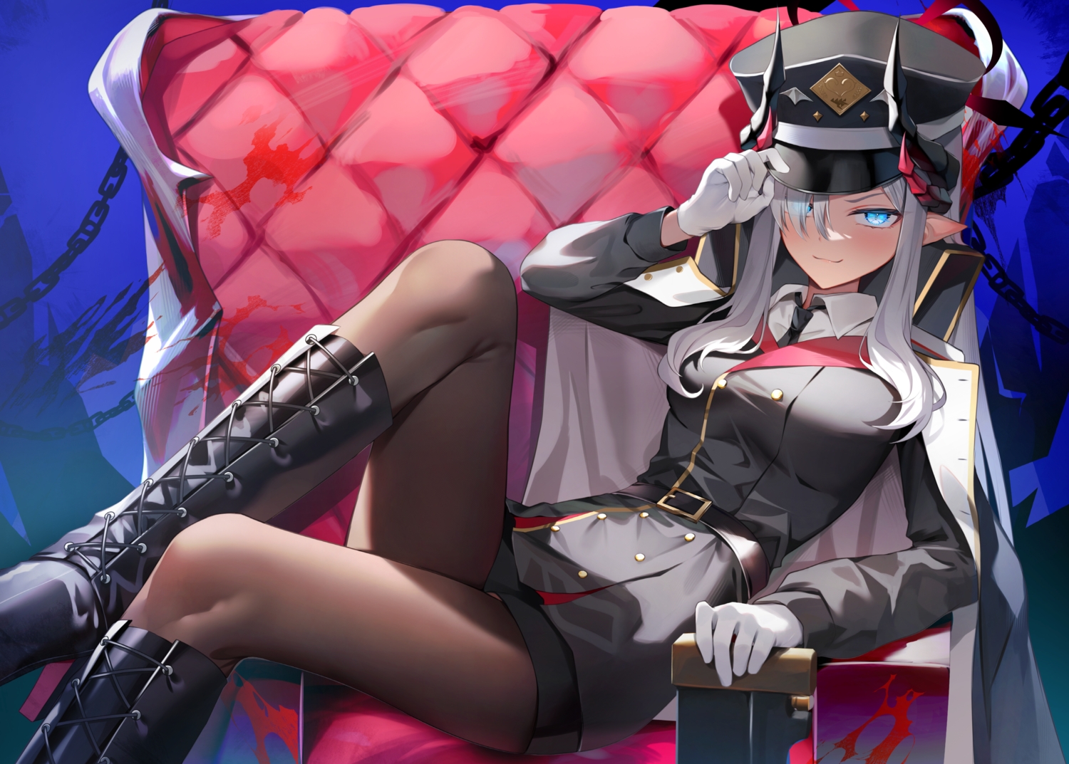 blue_archive, blue_eyes, boots, cape, cat_smile, chain, gray_hair, hanuma_makoto, hat, horns, long_hair, military, pantyhose, pointed_ears, shirt, shorts, shuvi_(shuvi1125), tie, uniform