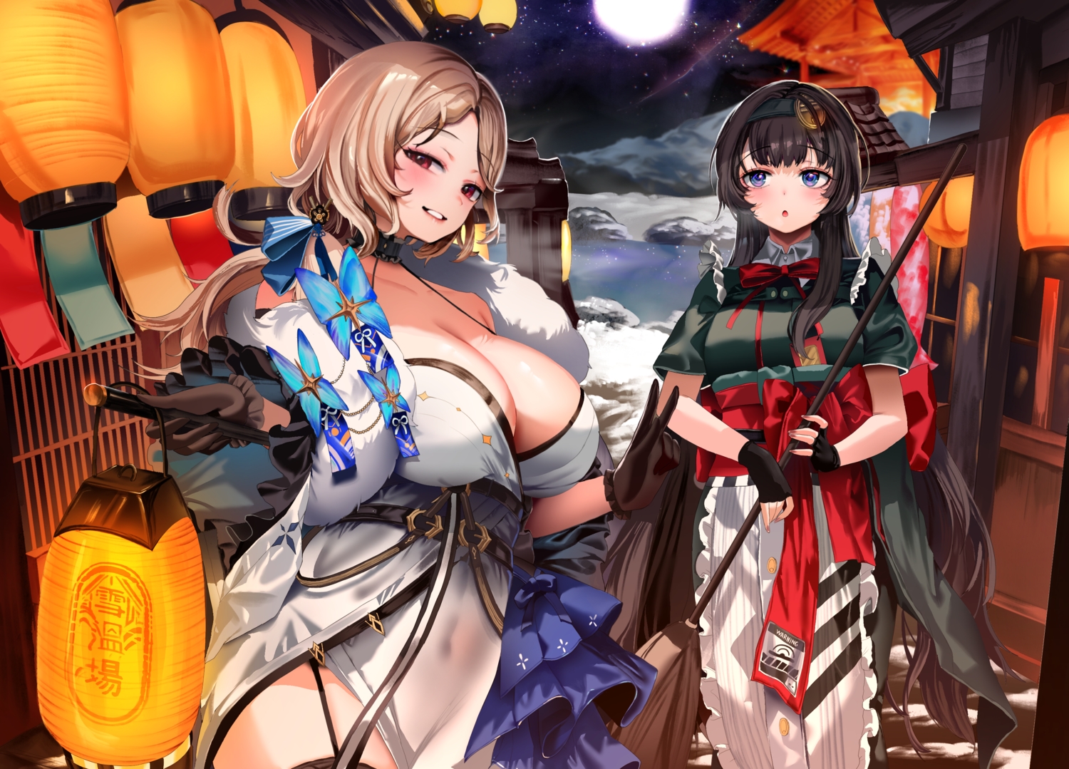 2girls, apron, black_hair, blue_eyes, bow, breasts, brown_hair, choker
