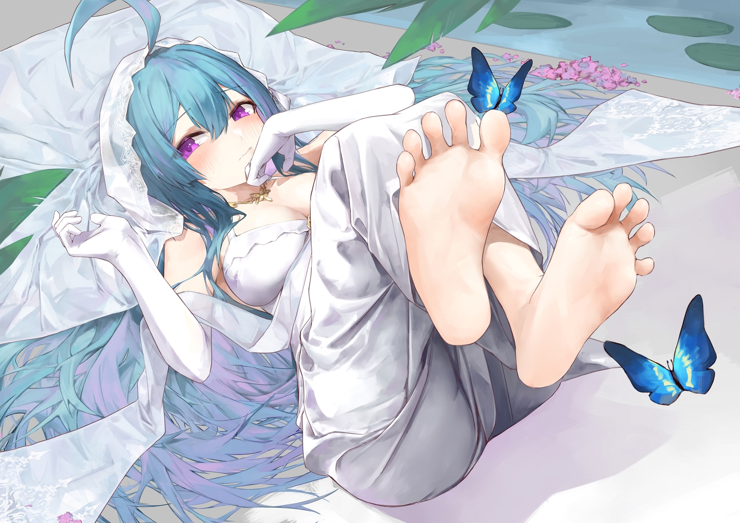 anthropomorphism, aqua_hair, azur_lane, barefoot, blush, breasts, butterfly, cleavage