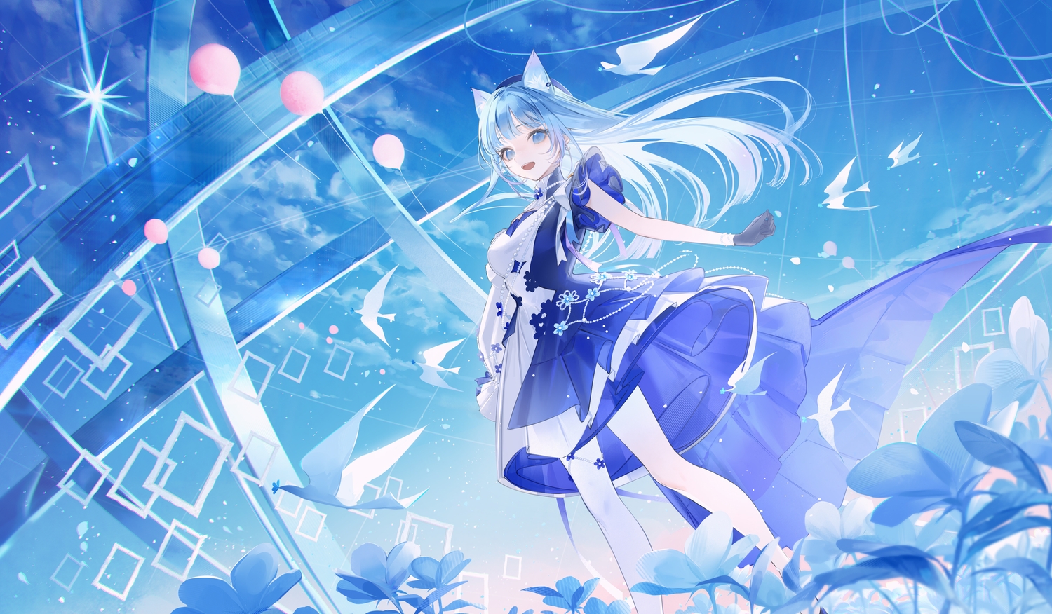 animal, animal_ears, animare, bird, blue, blue_eyes, blue_hair, clouds