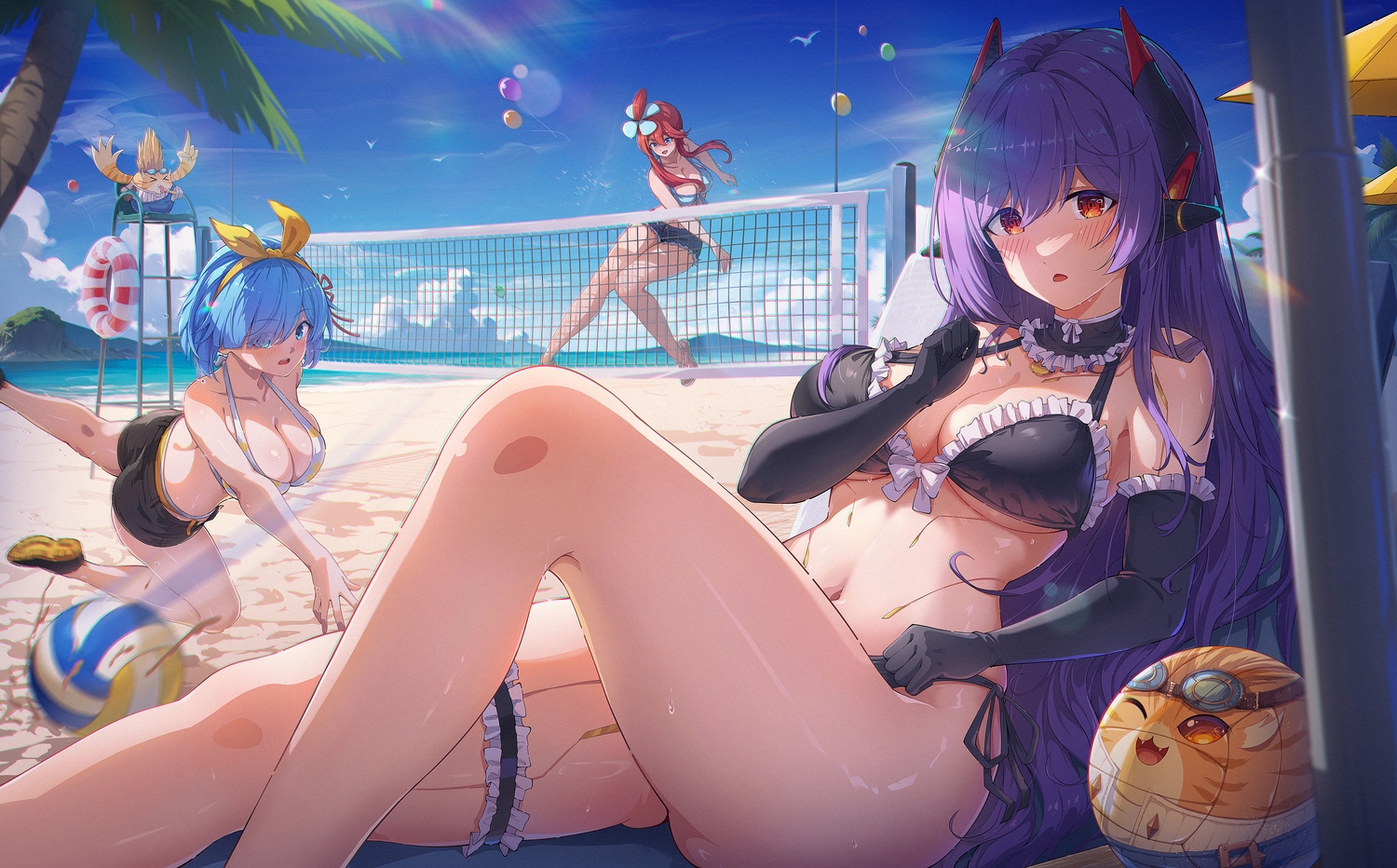 aqua_eyes, aqua_hair, ball, beach, bikini, blue_eyes, blush, breasts