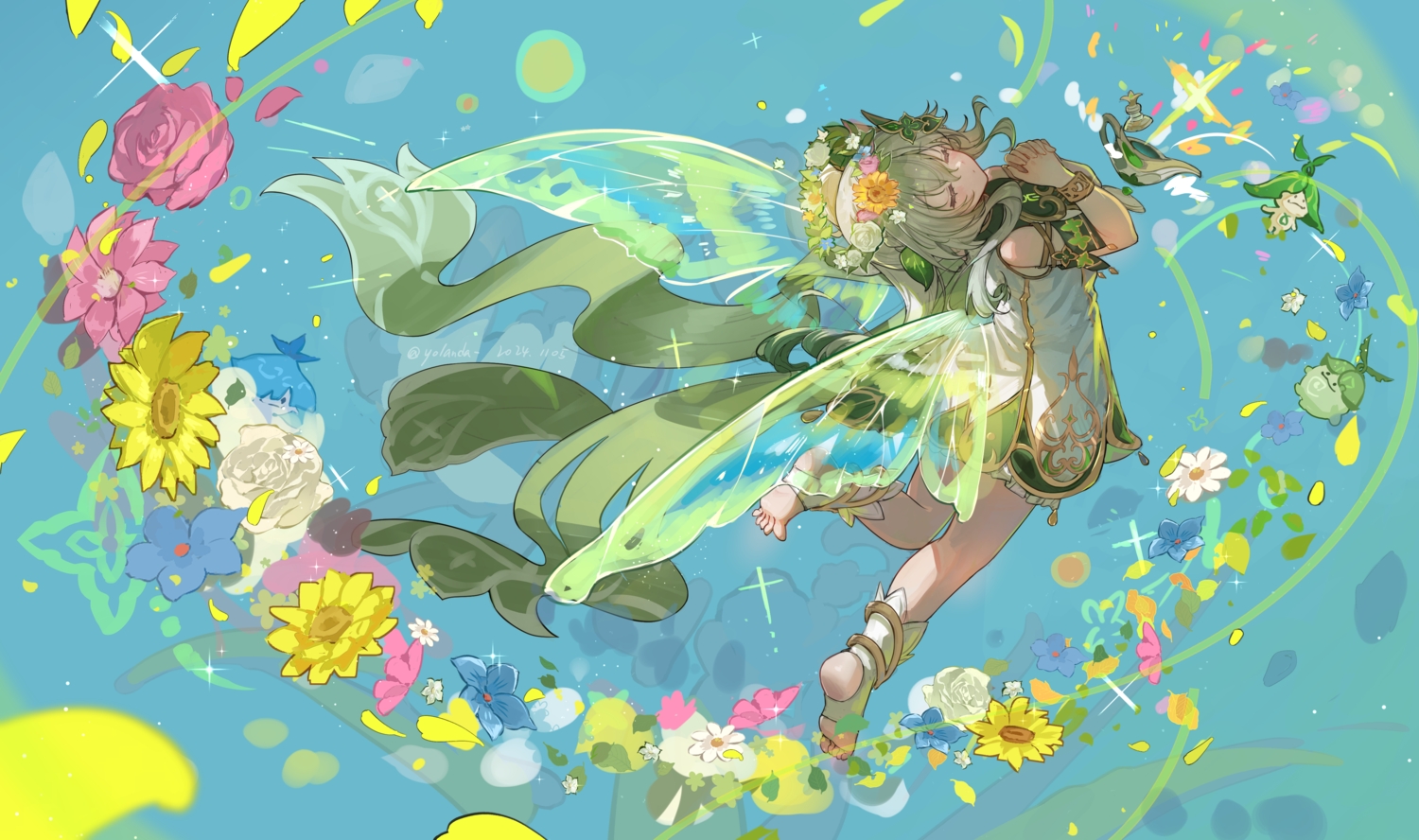 barefoot, blush, dress, fairy, flowers, genshin_impact, gray_hair, headdress, loli, long_hair, magic, nahida_(genshin_impact), petals, ponytail, signed, wings, wristwear, yolanda