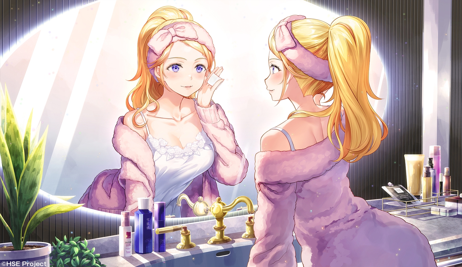 bath, blonde_hair, blush, bow, breasts, cleavage, fujima_takuya, headband, highspeed_etoile, leaves, long_hair, mirror, pajamas, ponytail, purple_eyes, reflection, sophia_b._tokitou, watermark