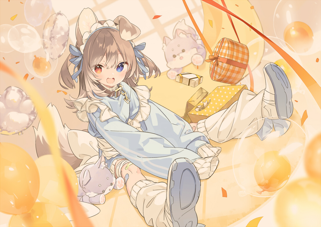 animal_ears, apron, bandage, bandaid, bicolored_eyes, bow, brown_hair, collar