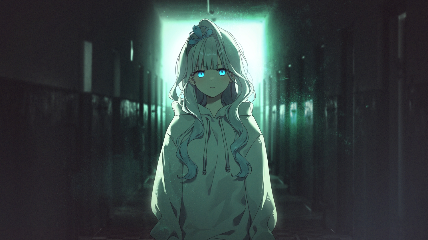 blue_eyes, dark, gray_hair, green, hood, long_hair, original, sika, tiara