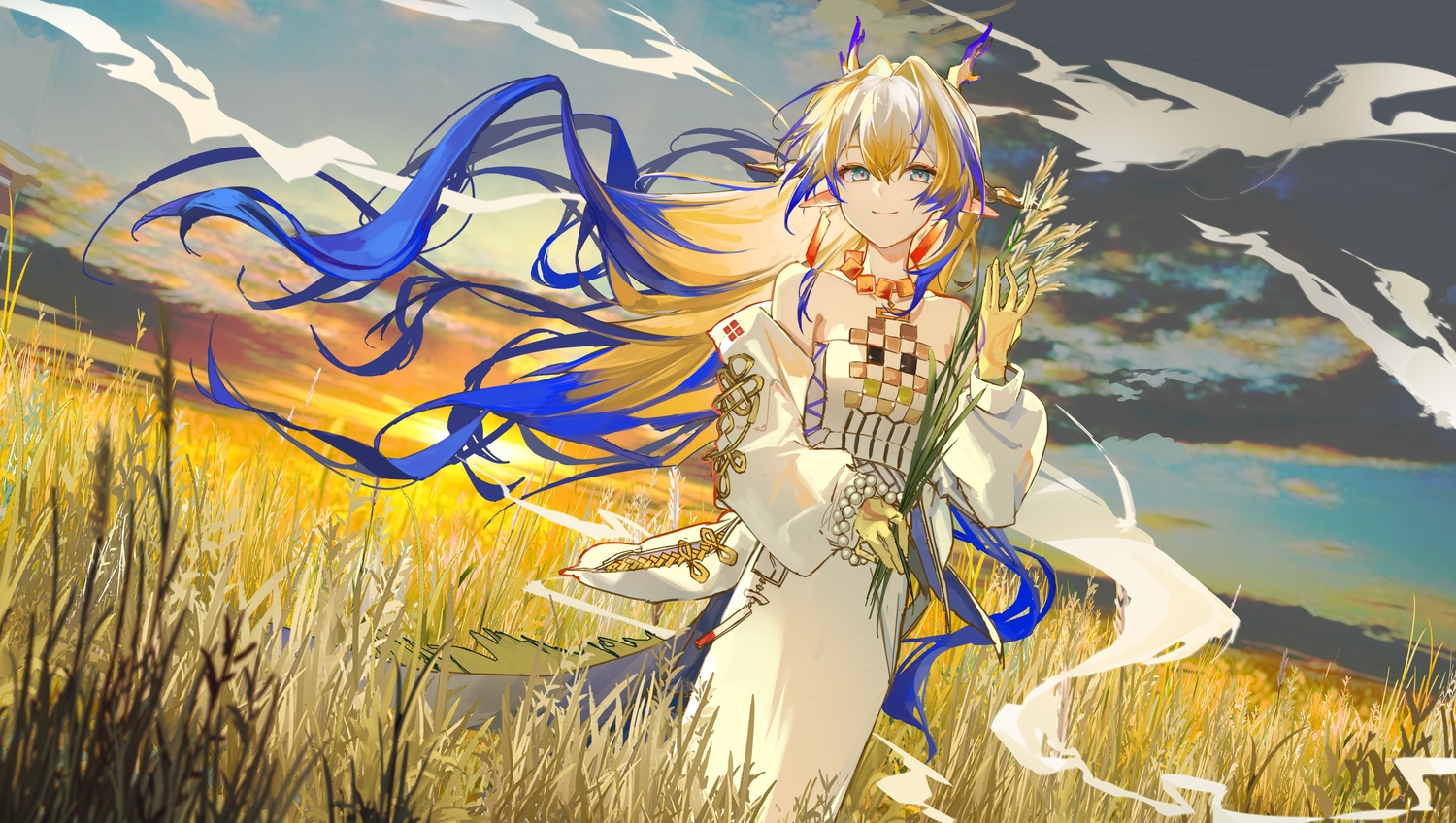aqua_eyes, arknights, clouds, grass, horns, kuren_kren, long_hair, necklace