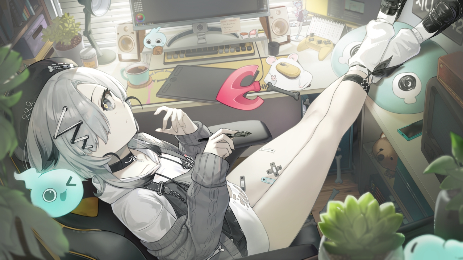 bandaid, book, choker, computer, dress, drink, flat_chest, garter