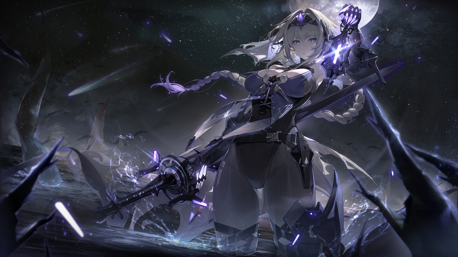 armor, bianca_(pgr), braids, breasts, cleavage, elbow_gloves, gloves, gray_hair, headdress, leotard, liutasi, long_hair, magic, moon, night, pantyhose, ponytail, punishing:_gray_raven, purple_eyes, sky, stars, sword, thighhighs, weapon