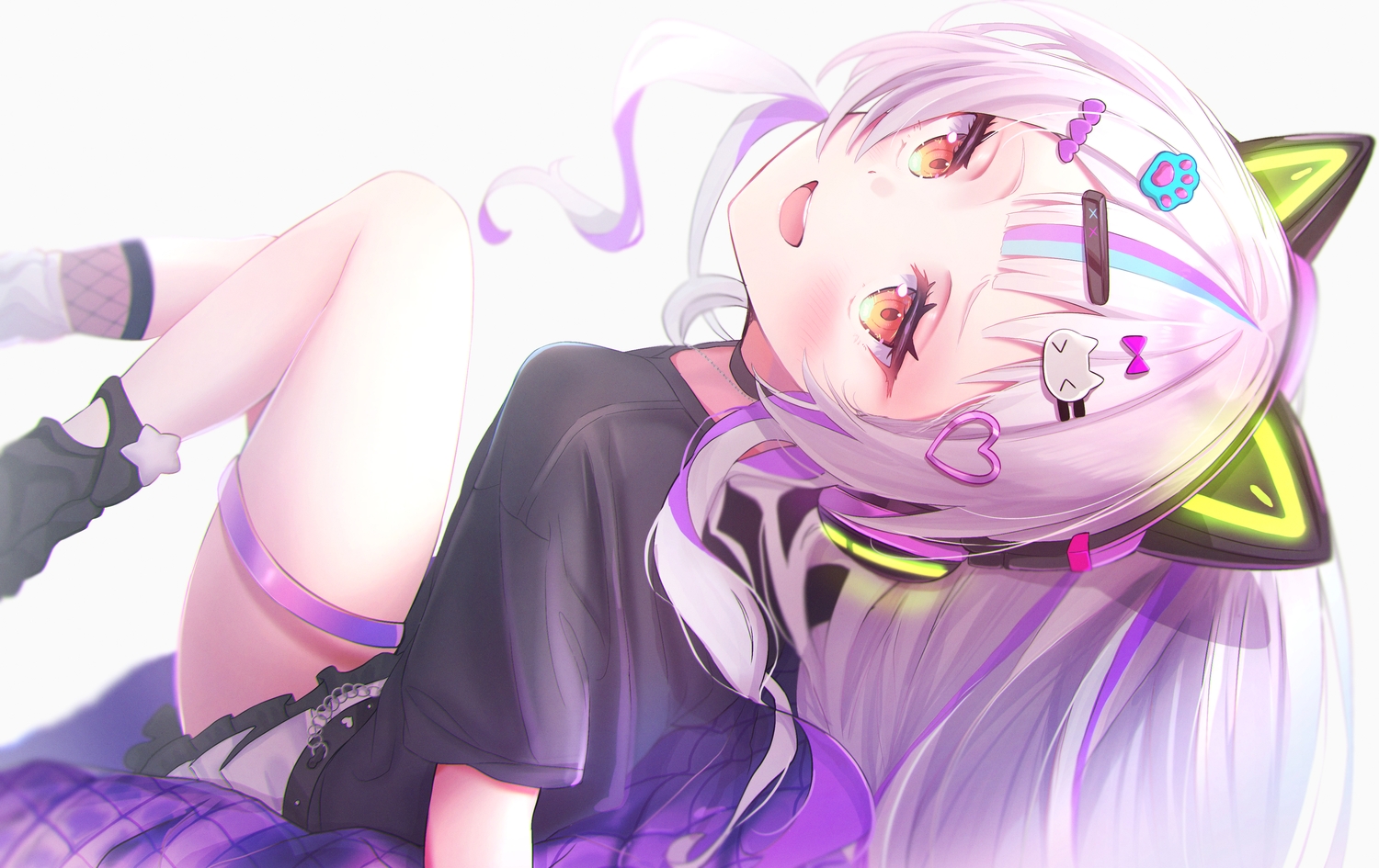 animal_ears, blush, choker, close, headphones, hololive, long_hair, murasaki_shion, necklace, orange_eyes, skirt, terra_bose, white, white_hair