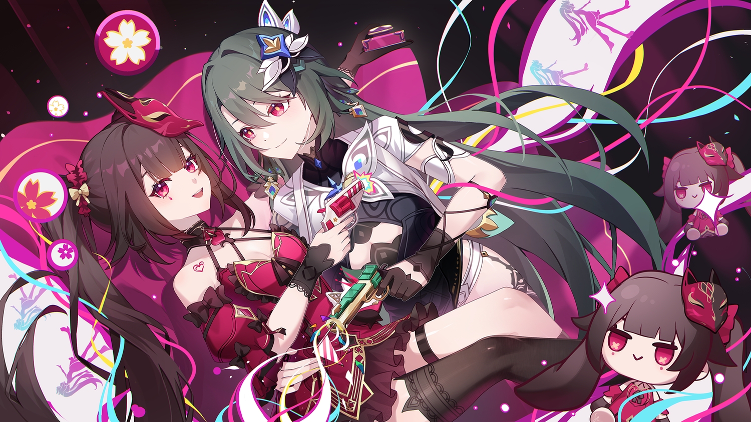 2girls, blush, bow, breasts, brown_hair, choker, cleavage, crossover