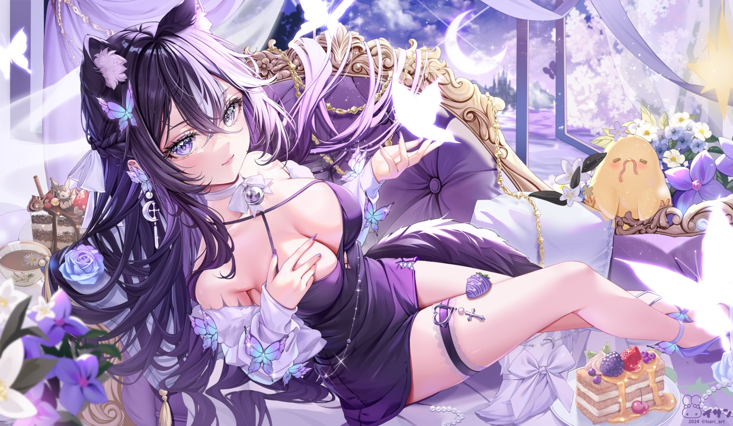 animal, bell, bird, black_hair, blush, bow, breast_hold, breasts