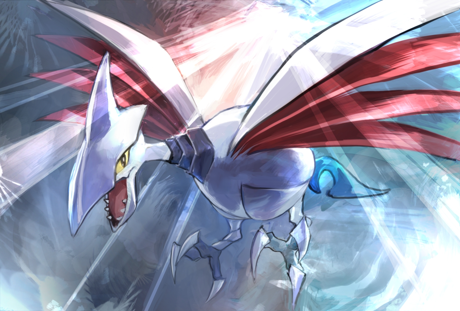 day_walker1117, no_humans, pokemon, skarmory, wings, yellow_eyes