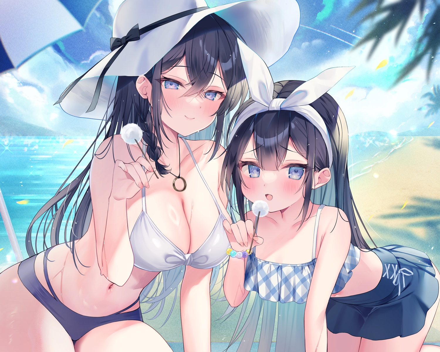2girls, beach, bikini, black_eyes, black_hair, braids, clouds, ebihara_beniko