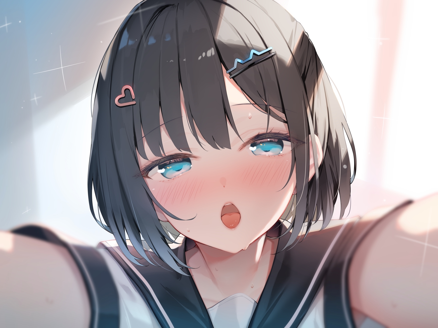 aqua_eyes, black_hair, blush, close, nijihashi_sora, original, school_uniform, short_hair