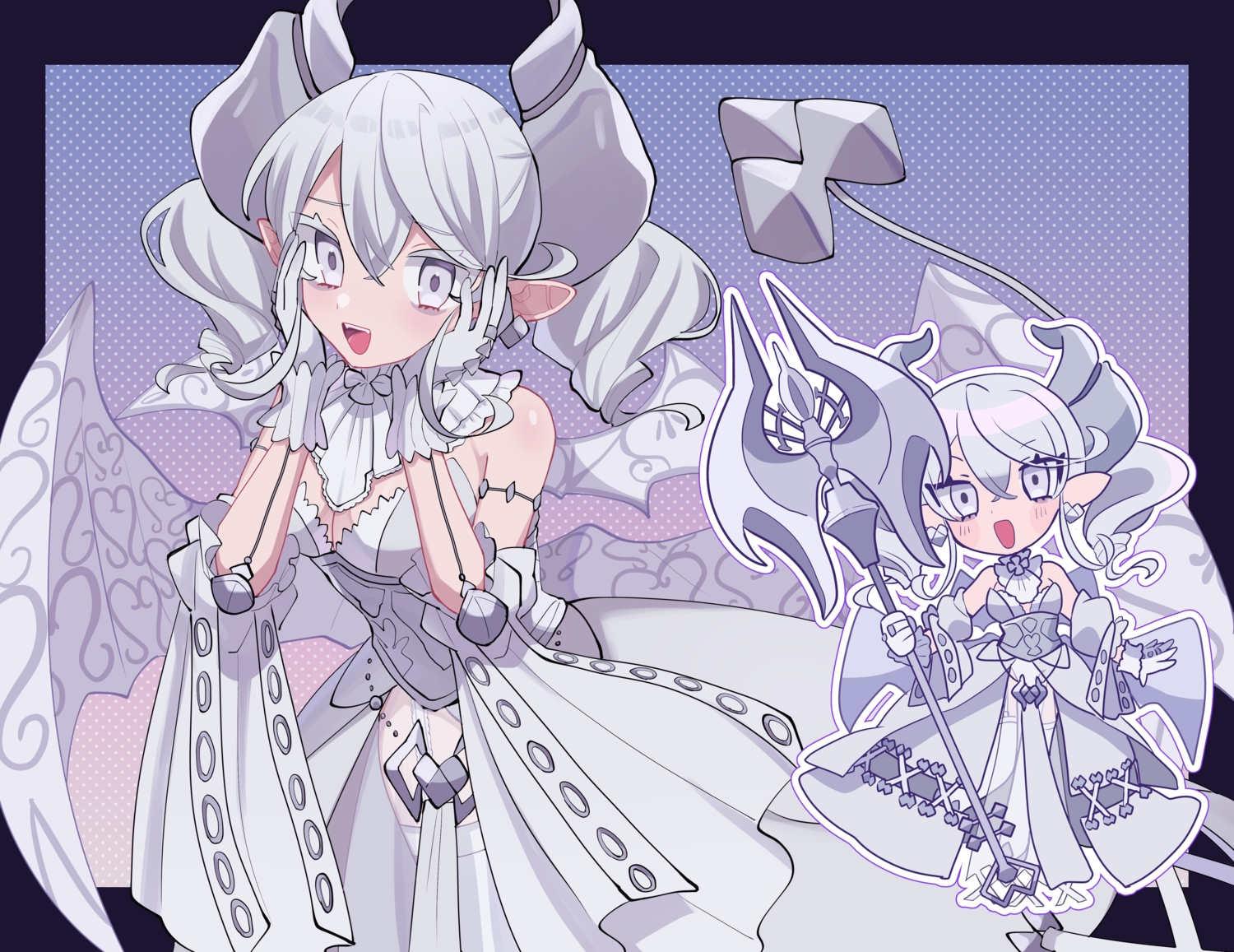 armor, breasts, chibi, cleavage, corset, demon, dress, garter_belt