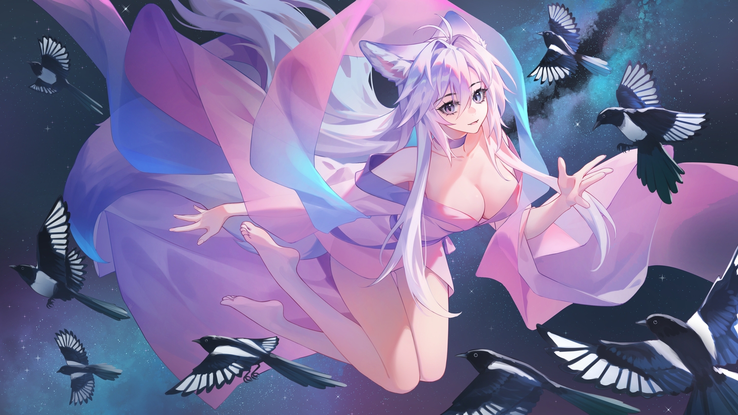 animal, animal_ears, barefoot, bird, breasts, choker, cleavage, fang