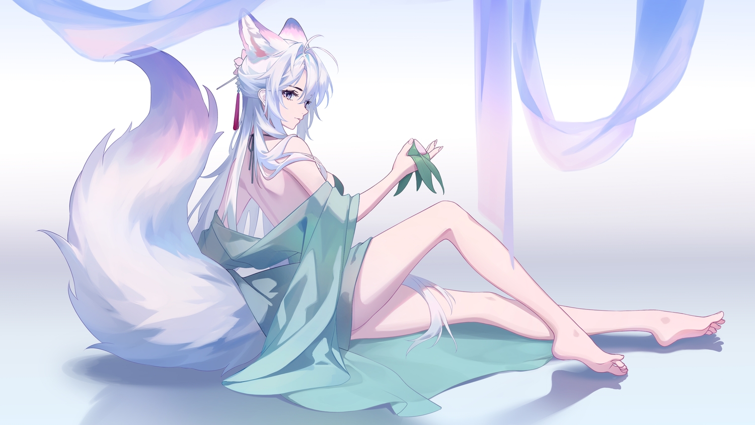 animal_ears, barefoot, foxgirl, gradient, long_hair, luo_shun_yao, meng_xi_xuan, original