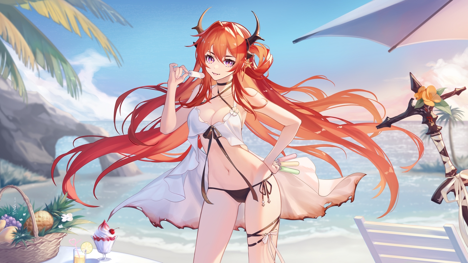 arknights, beach, bikini, clouds, drink, flowers, food, fruit, horns, ice_cream, long_hair, meng_xi_xuan, navel, popsicle, red_hair, sky, surtr_(arknights), swimsuit, sword, umbrella, water, weapon