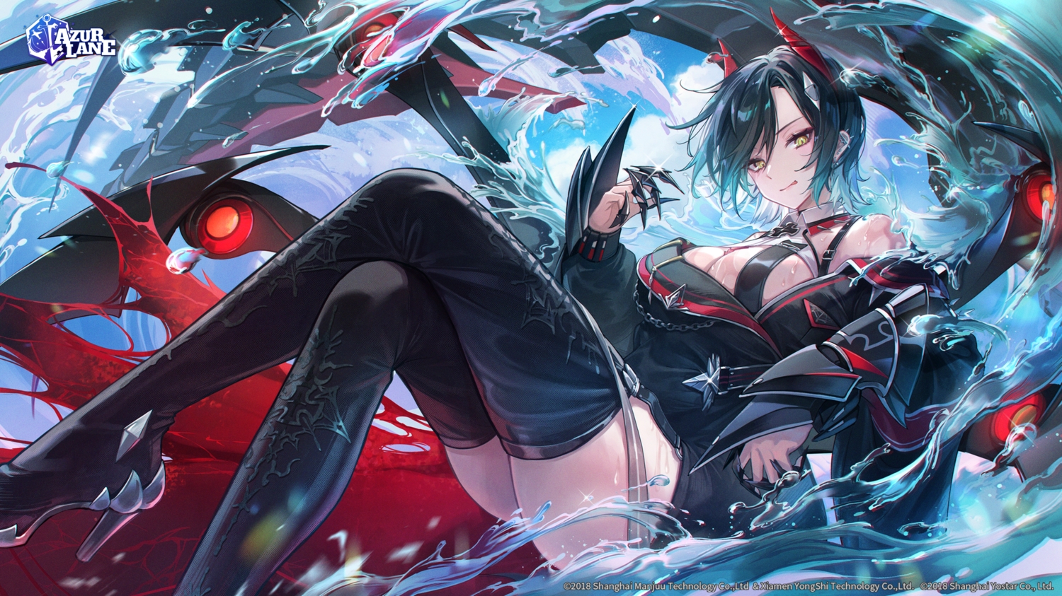 anthropomorphism, azur_lane, black_hair, boots, breasts, cleavage, clouds, cross, dress, garter_belt, horns, kyusoukyu, logo, short_hair, sky, thighhighs, torn_clothes, ulrich_von_hutten_(azur_lane), water, watermark, yellow_eyes
