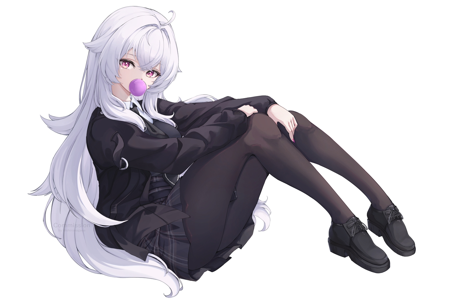 ayaka_zaphyr, blush, candy, dress, gray_hair, long_hair, pantyhose, purple_eyes, shironagase, shirt, tie, white