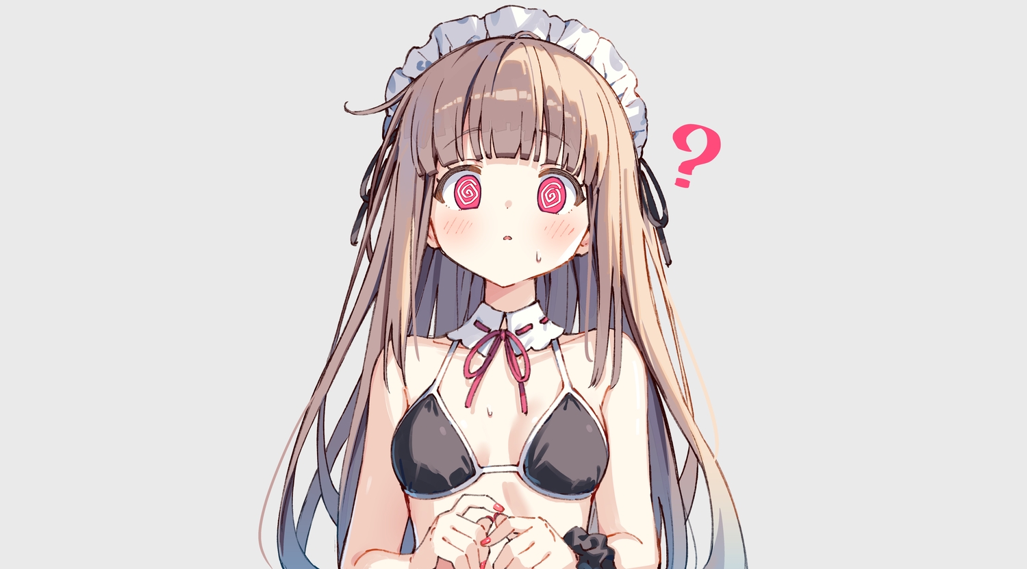 bikini, blush, bow, breasts, brown_hair, close, gray, headdress