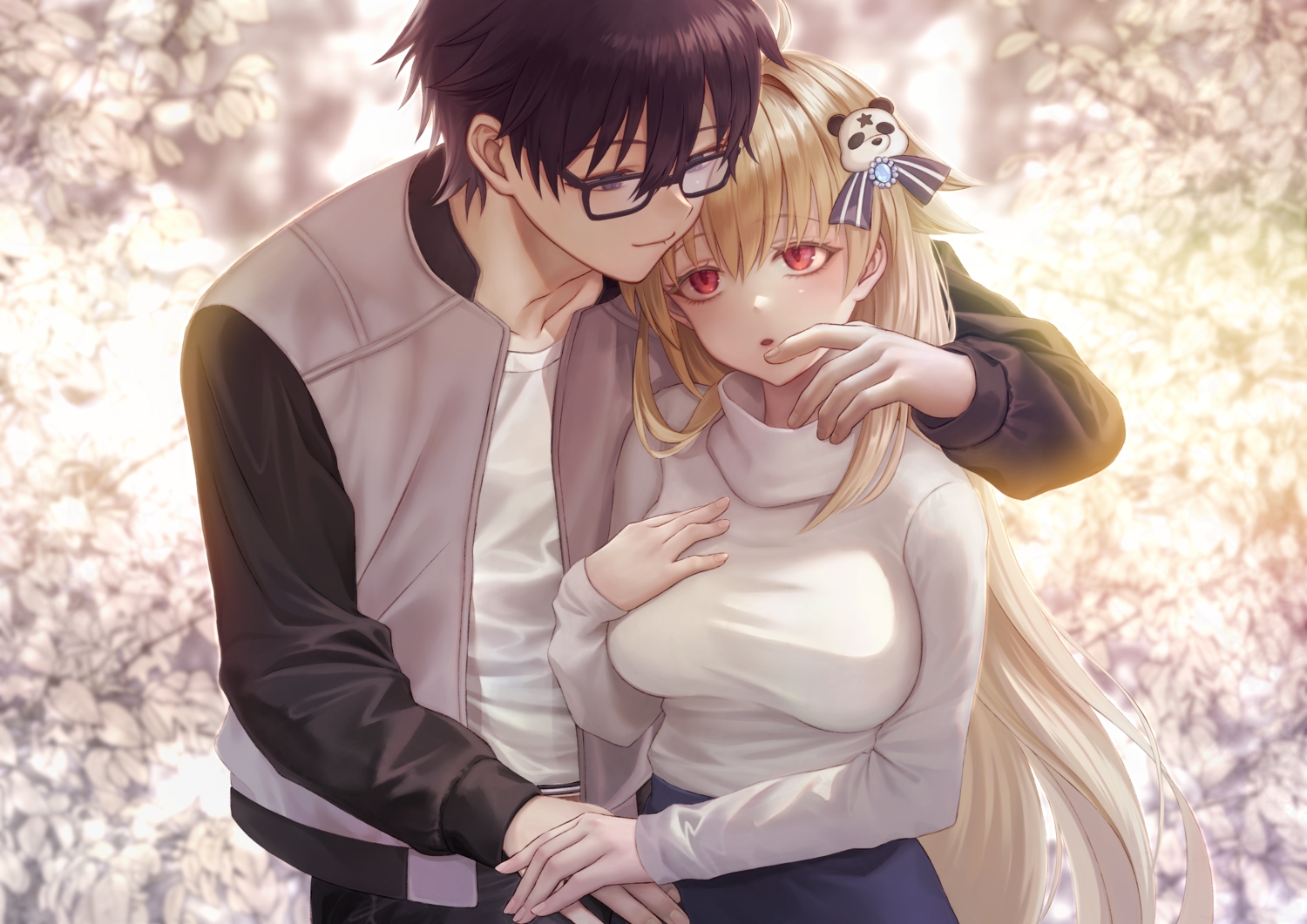 arcueid_brunestud, black_eyes, black_hair, blonde_hair, bow, breast_hold, fate/grand_order, fate_(series), glasses, male, megumi_(piyo7piyo9), red_eyes, shingetsutan_tsukihime, short_hair, skirt, tohno_shiki