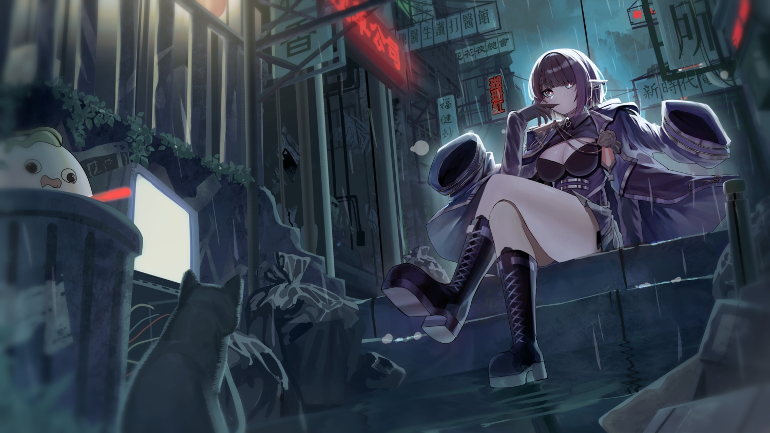 animal, blush, boots, braids, breasts, building, cape, cat, city, cleavage, dress, gloves, maio05321, military, night, pointed_ears, purple_eyes, purple_hair, rain, short_hair, stairs, tagme_(character), uniform, water