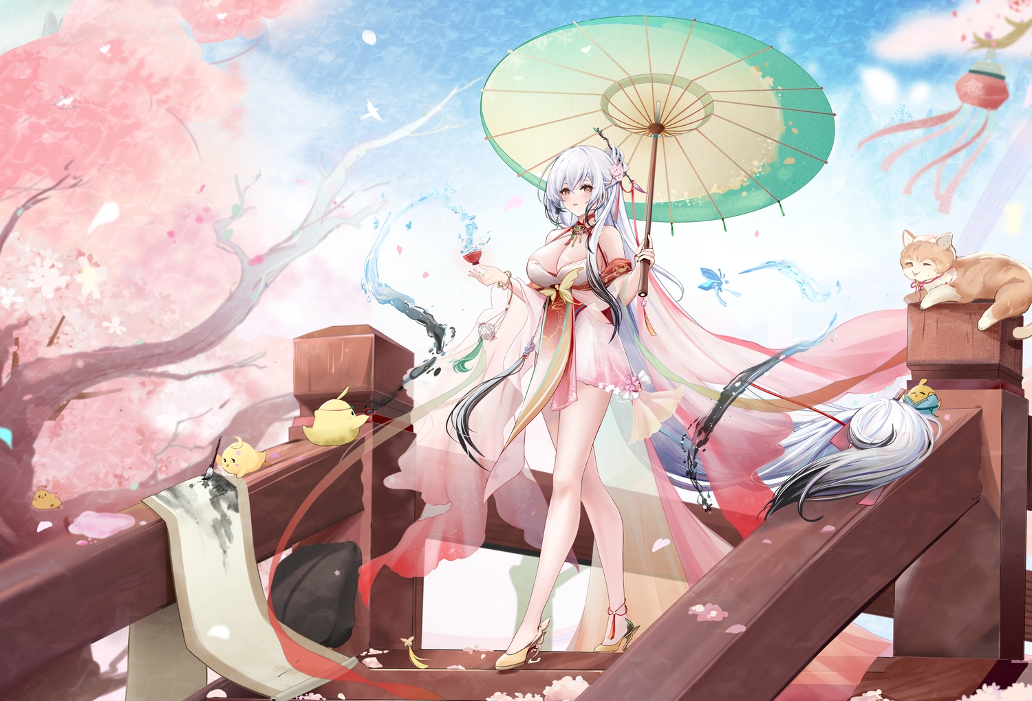 animal, anthropomorphism, azur_lane, banchiyuebai, bird, blush, breasts, cat