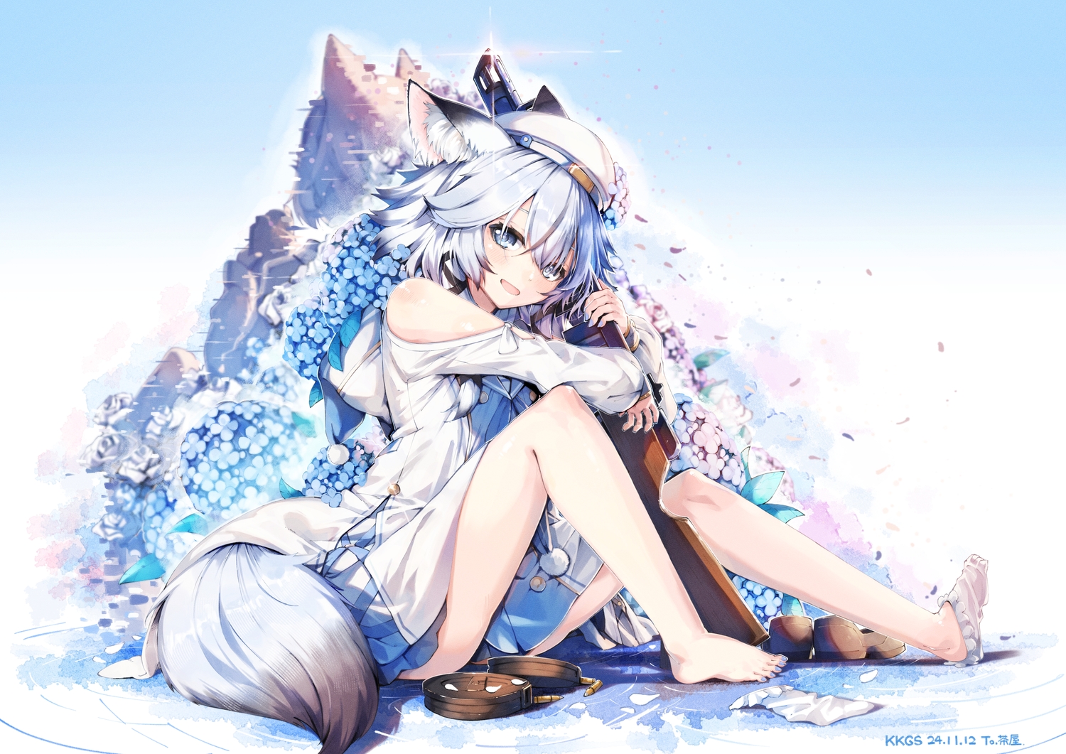 animal_ears, barefoot, blue, blue_eyes, blue_hair, blush, flowers, gradient, gun, hat, hood, kyouko_kasa, original, petals, school_uniform, shirt, short_hair, signed, skirt, socks, tail, water, weapon