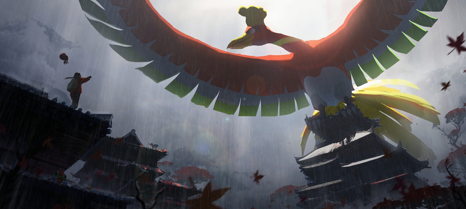 all_male, animal, asteroid_ill, autumn, bird, building, hat, ho-oh, leaves, long_hair, male, orbeetle, pokemon, rain, scenic, suicune, water