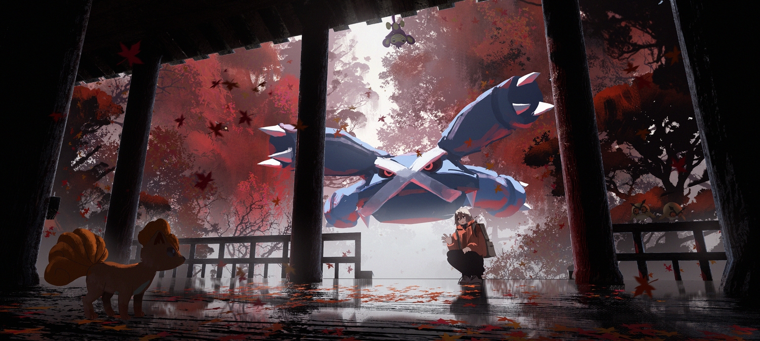 aipom, all_male, animal, asteroid_ill, autumn, bird, brown_hair, dark