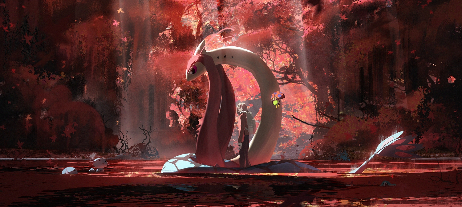 all_male, asteroid_ill, autumn, brown_hair, forest, leaves, male, milotic, orbeetle, pokemon, scenic, short_hair, totodile, tree, water, wooper