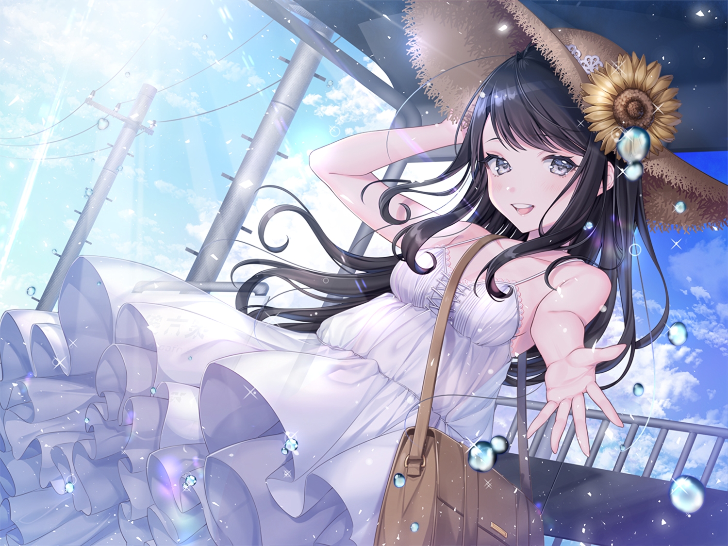 black_hair, blush, clouds, dress, gray_eyes, hat, long_hair, original