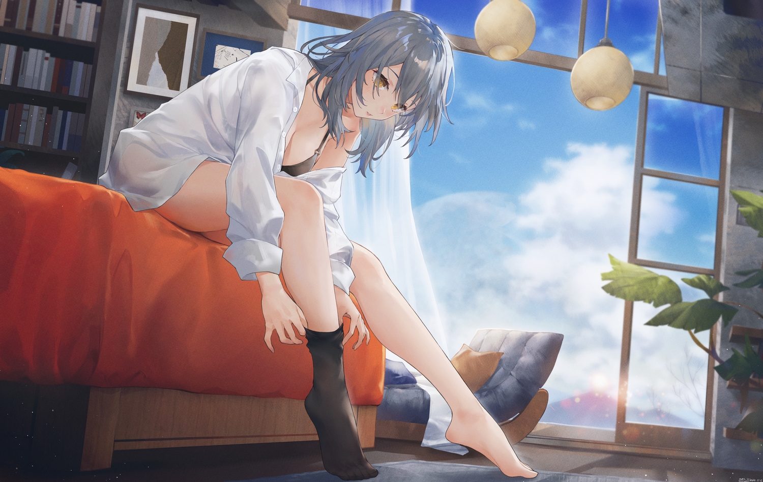 barefoot, bed, blush, book, bra, breasts, cleavage, clouds