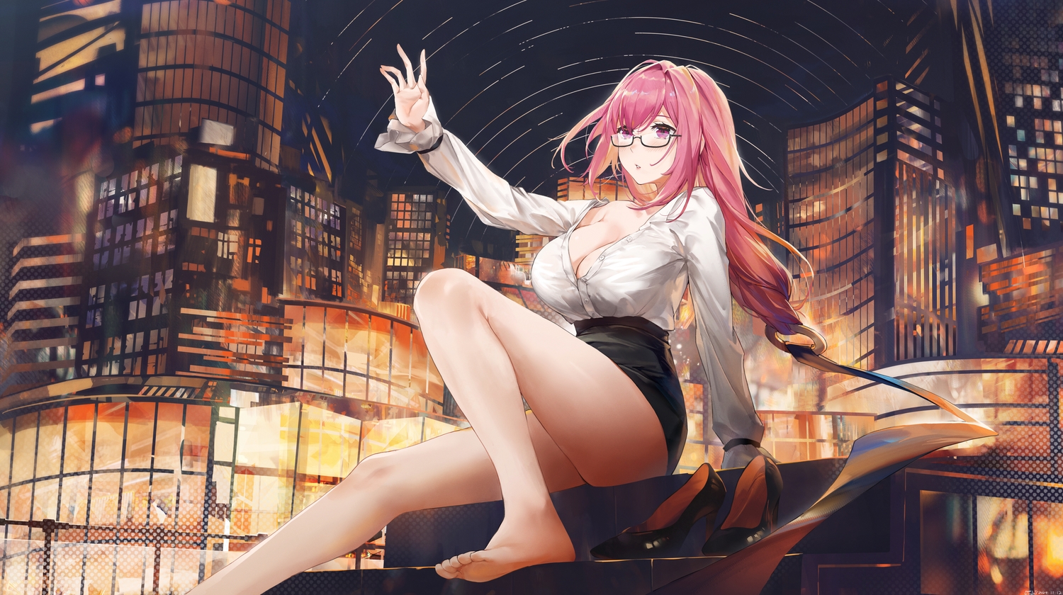 barefoot, blush, breasts, building, city, cleavage, glasses, long_hair