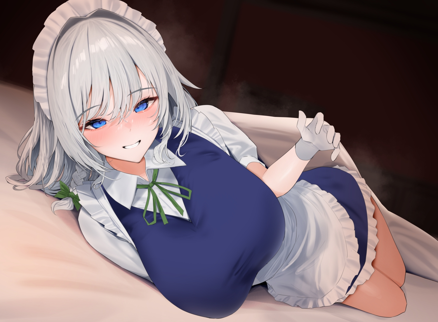258n, apron, bed, blue_eyes, blush, bow, braids, breasts, close, dress, gloves, gray_hair, headdress, izayoi_sakuya, maid, short_hair, touhou