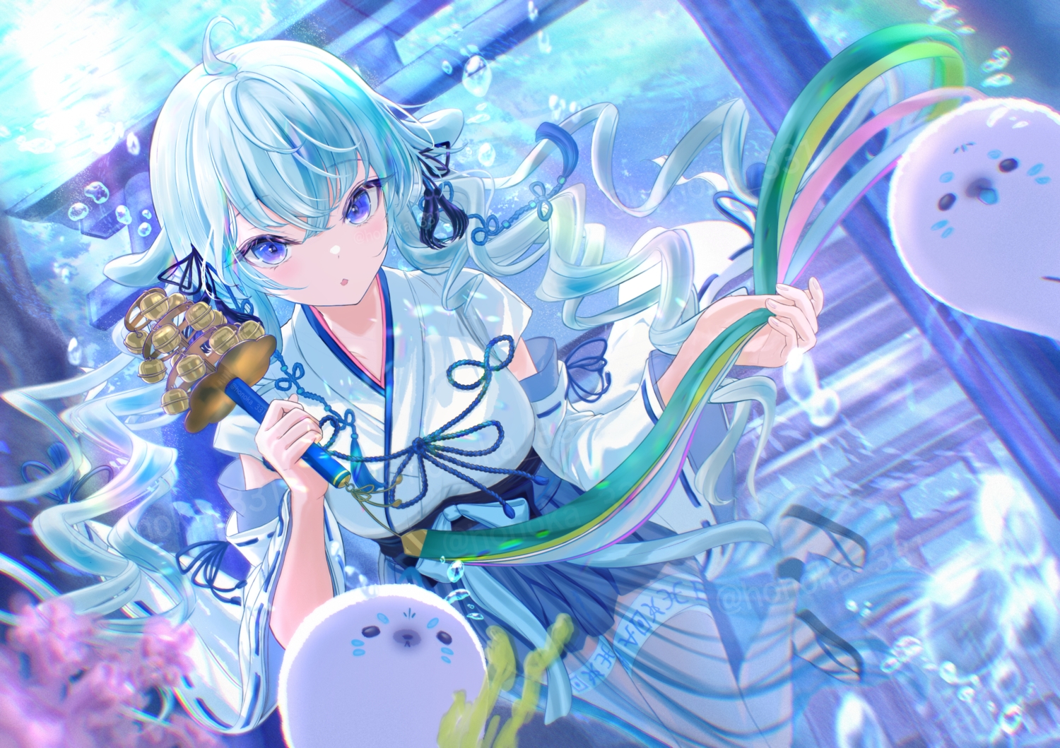 aqua_hair, bell, blue_eyes, bow, bubbles, garter, hou_no_ka, japanese_clothes
