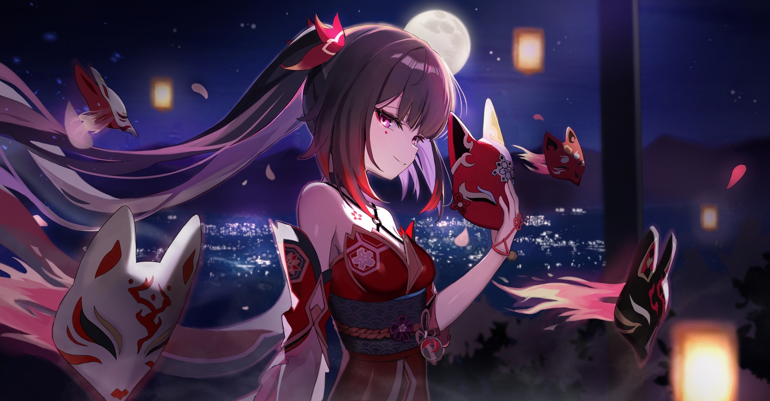 brown_hair, dress, honkai_(series), honkai:_star_rail, japanese_clothes, loloco, long_hair, magic, mask, moon, night, purple_eyes, sky, sparkle_(honkai:_star_rail), tattoo, twintails