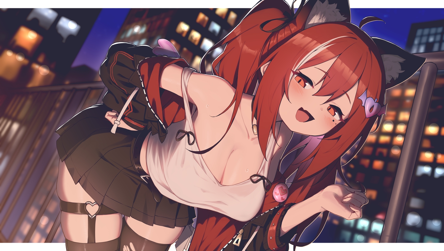 blush, breasts, building, catgirl, city, cleavage, close, fang, garter, hoplitx, long_hair, night, no_bra, original, red_eyes, red_hair, skirt, sky, thighhighs, torn_clothes, twintails, zettai_ryouiki