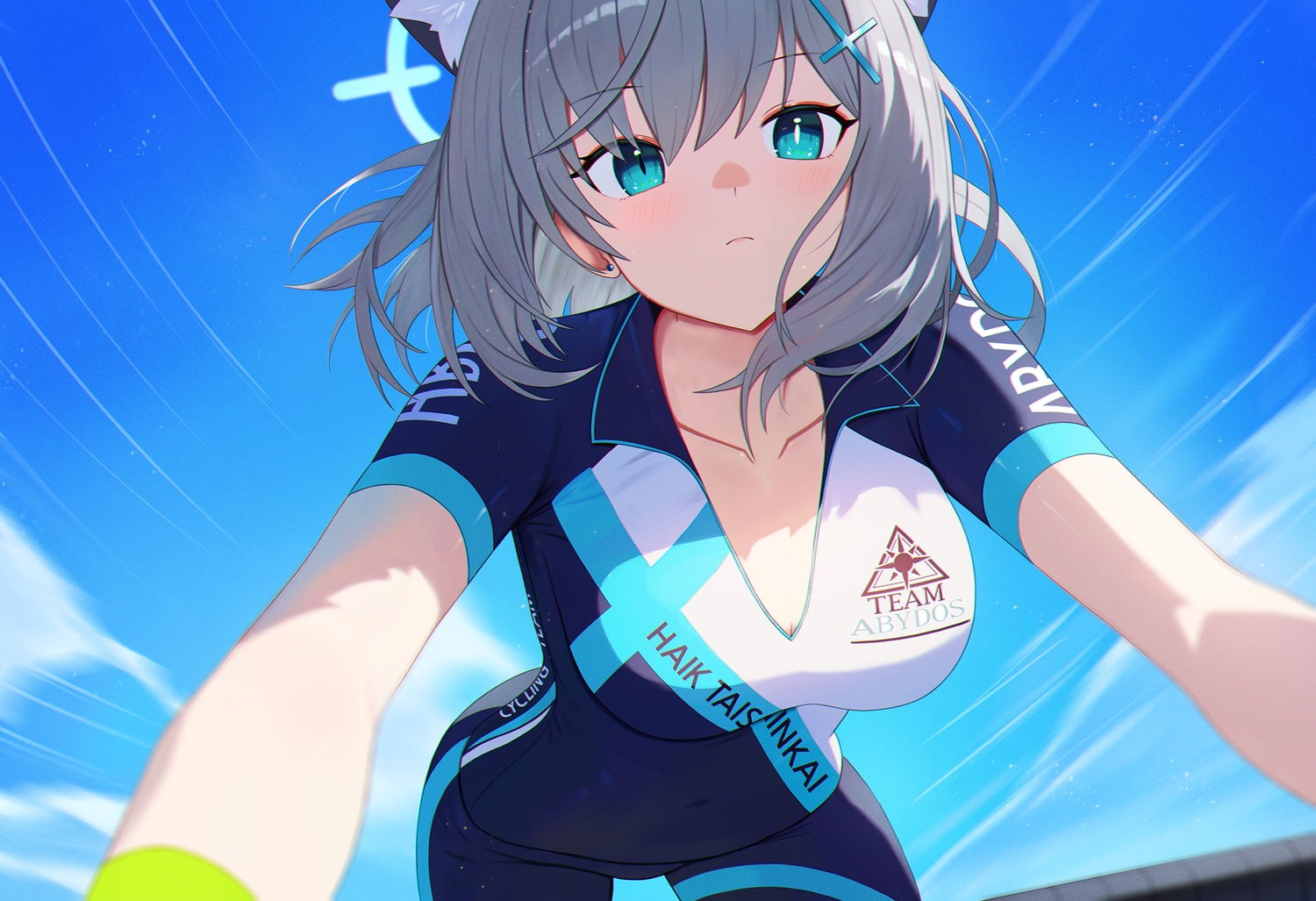 animal_ears, aqua_eyes, bicycle, bike_shorts, blue_archive, blush, breasts, cleavage