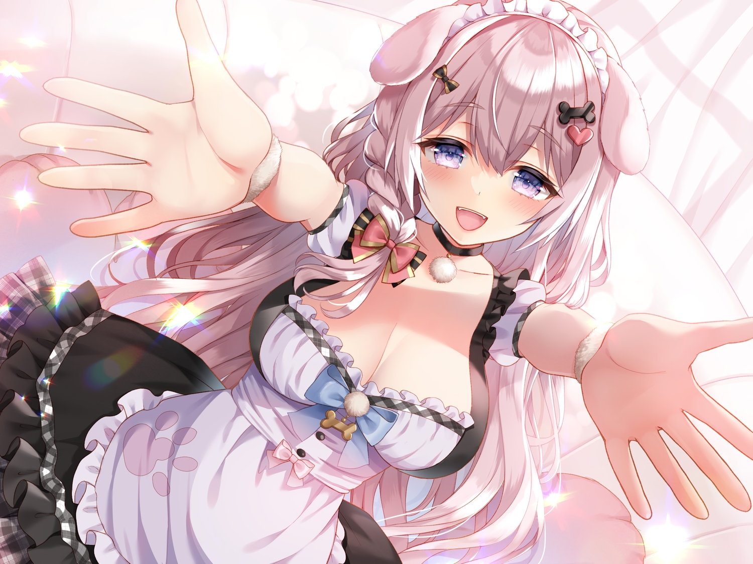 animal_ears, blush, braids, breasts, choker, cleavage, doggirl, fang