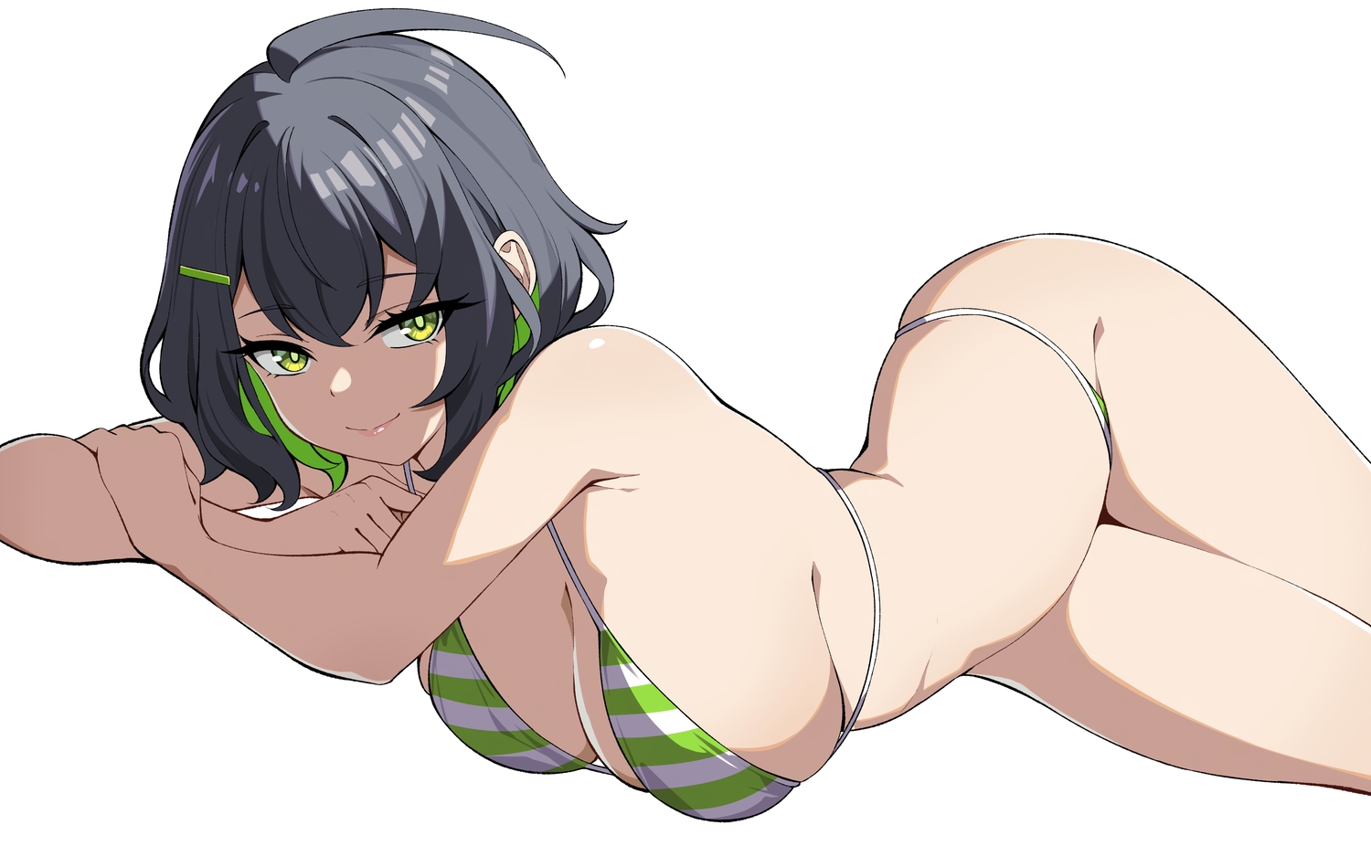 bikini, black_hair, breasts, cleavage, green_eyes, maika_(reia_76), original, reia_76