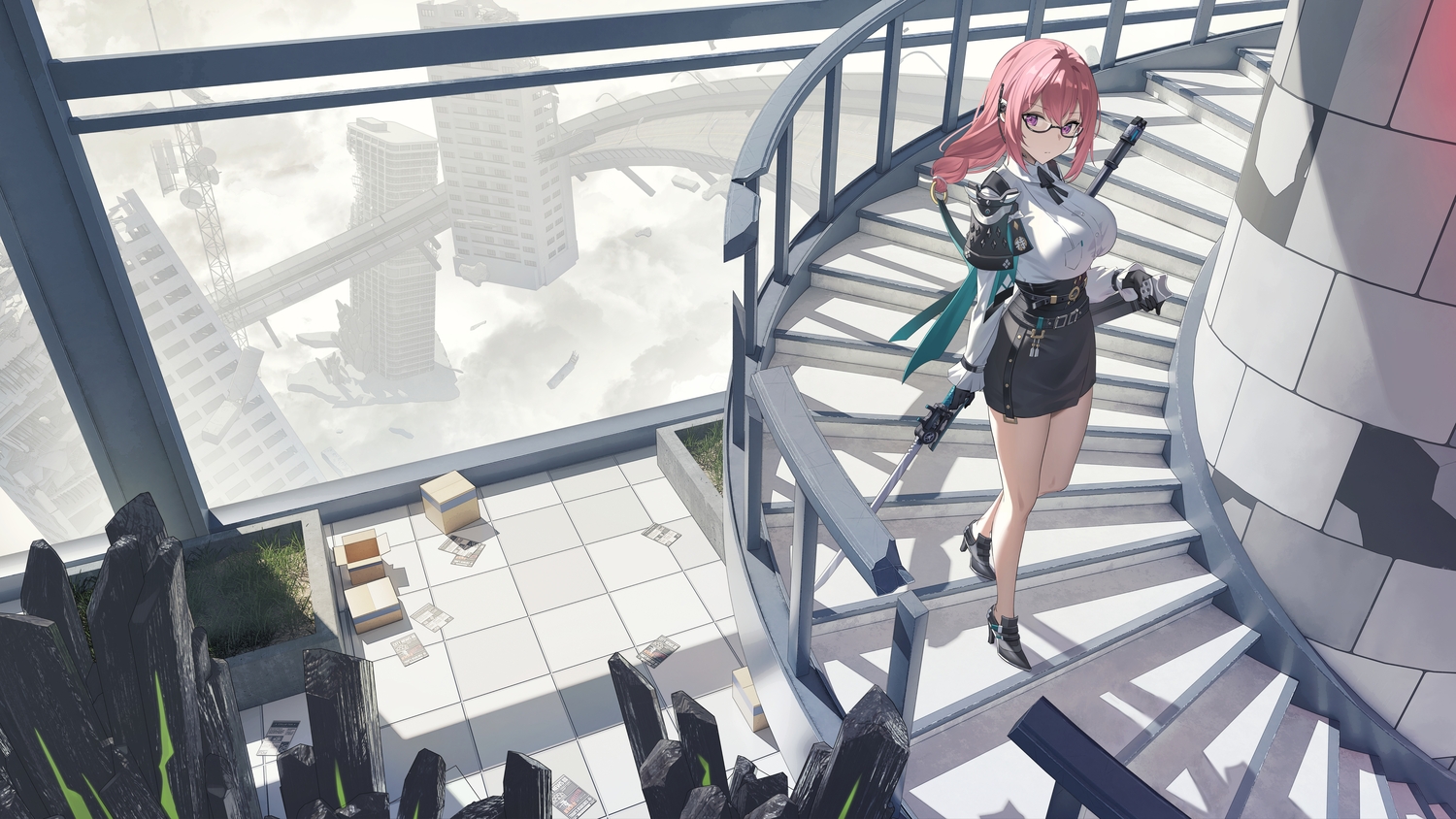 3d, angel_no_shousou, armor, bow, building, clouds, glasses, gloves