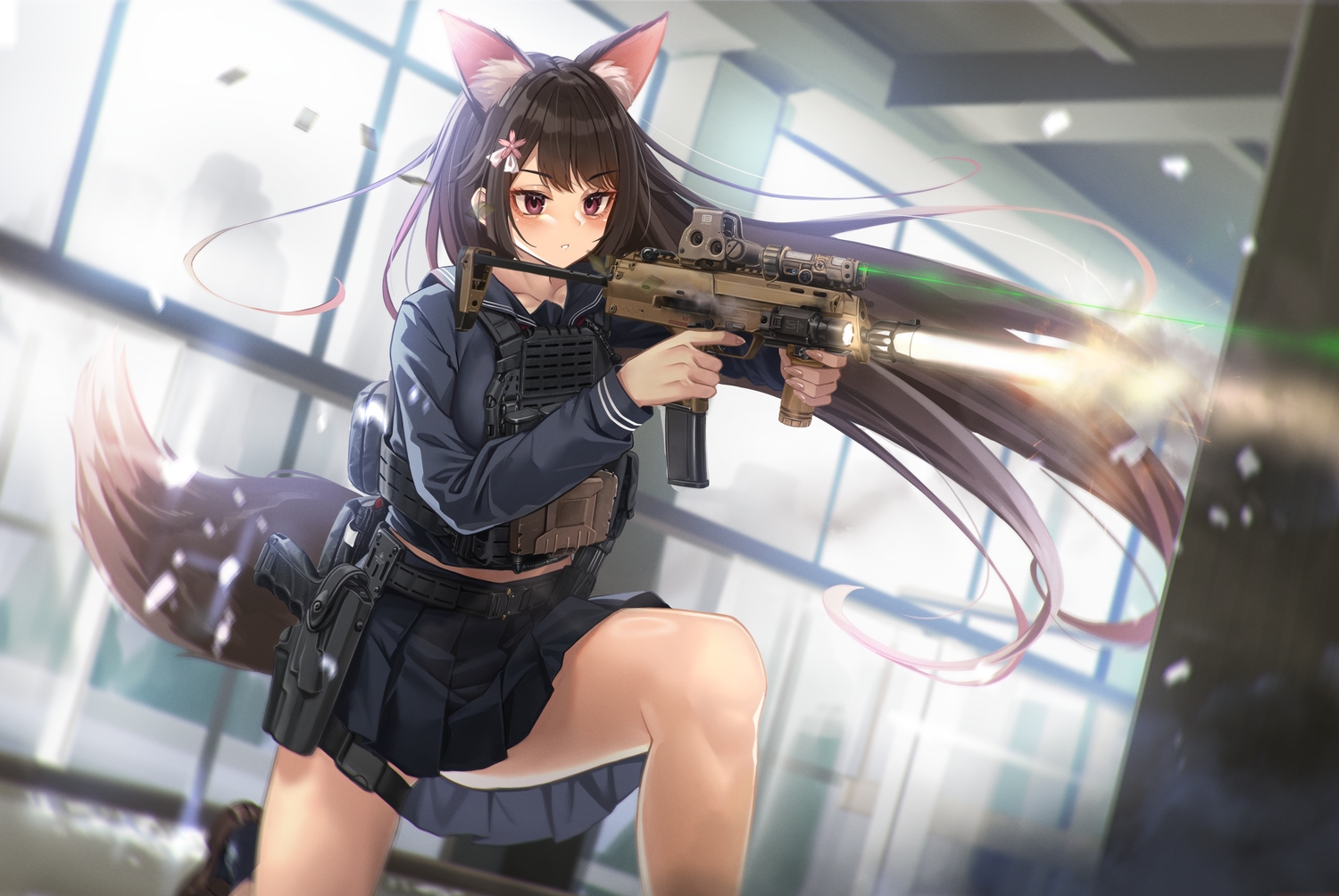animal_ears, armor, blush, brown_hair, enpera_(jdud8375), foxgirl, garter, gun